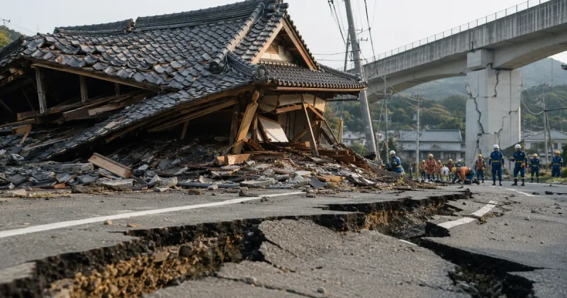 A collapsed traditional Japanese house with a dark tile roof beside a road split by deep fissures, emergency responders in blue and orange uniforms working in the middle distance, and a cracked elevated highway viaduct behind