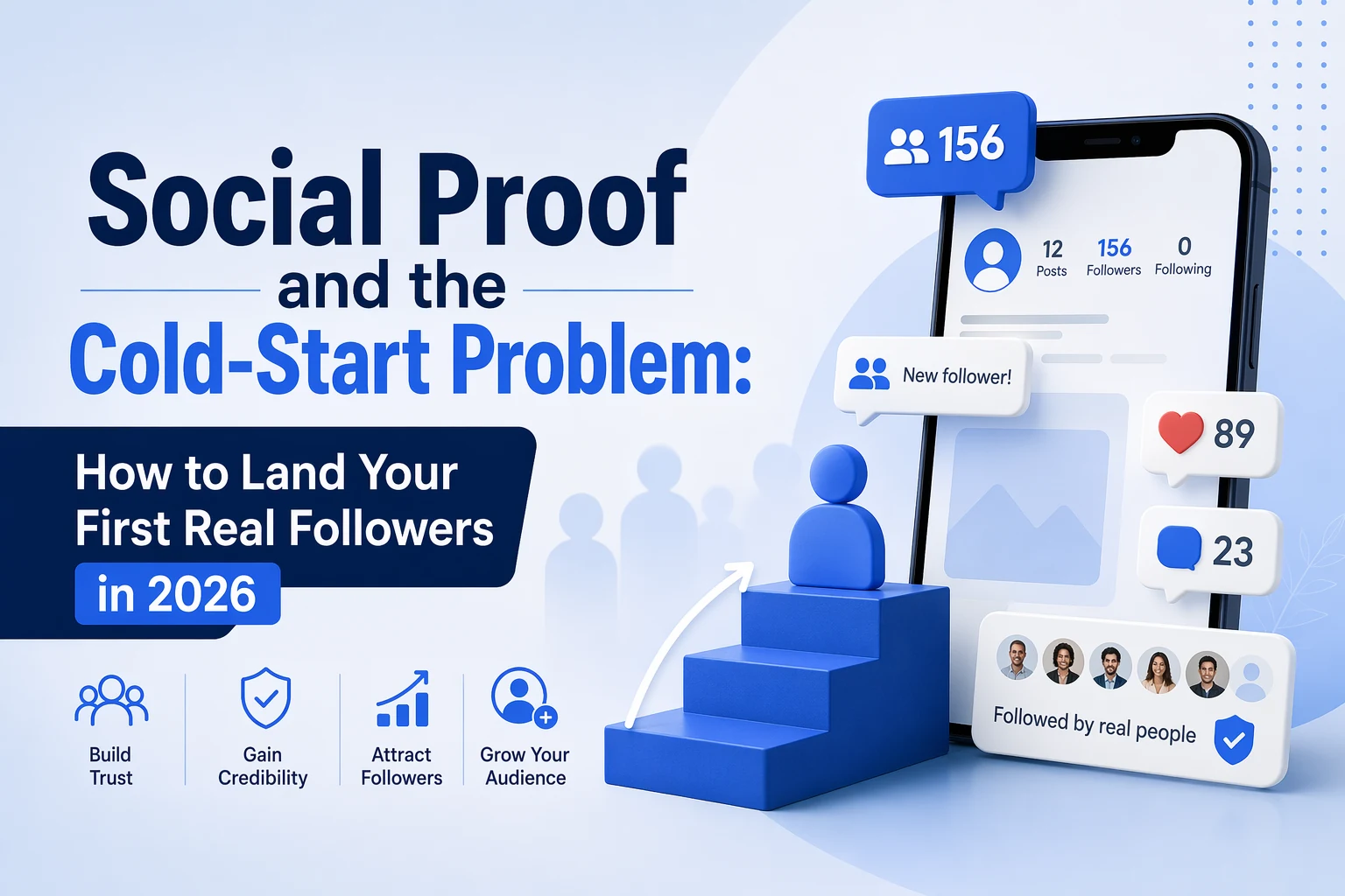 Illustration of a social media profile growing from its first followers, with follower, like and comment notifications