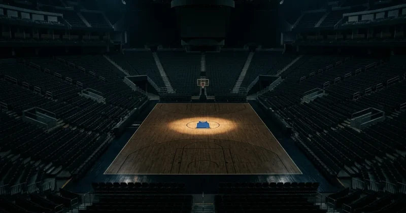 Empty NBA basketball court with single spotlight on a folded jersey at center court in a dark arena