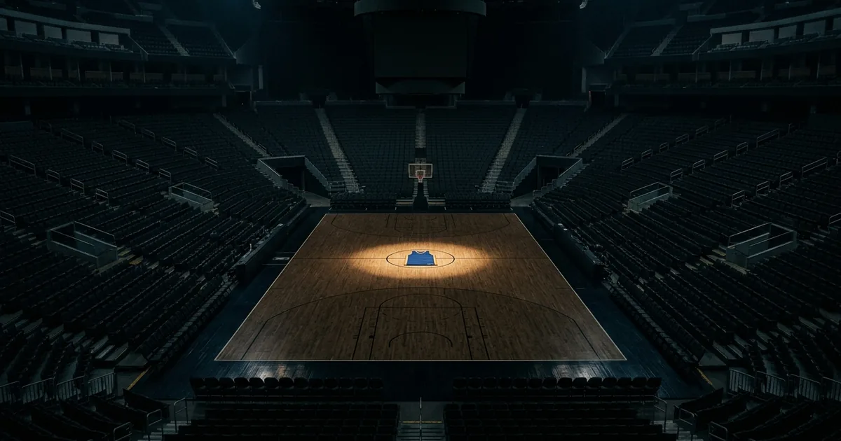 Empty NBA basketball court with single spotlight on a folded jersey at center court in a dark arena