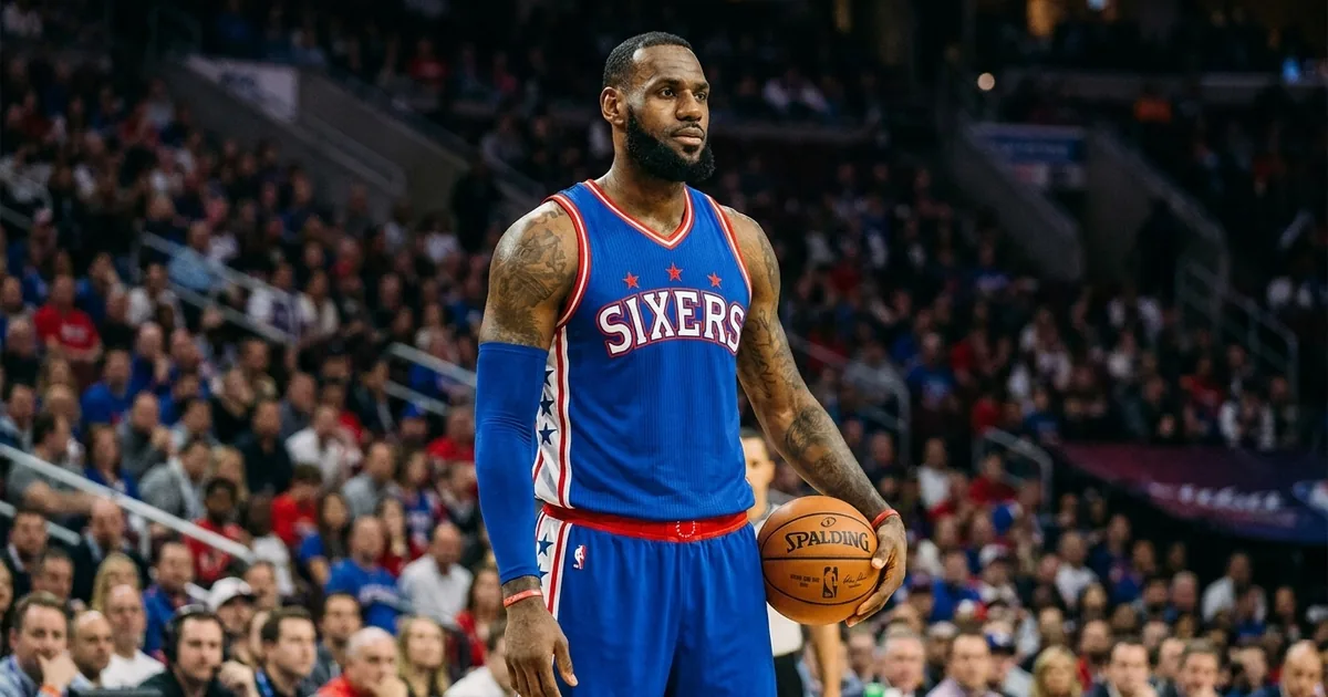 LeBron James standing at center court in a blue Philadelphia 76ers jersey holding a basketball, with a packed arena crowd blurred behind him