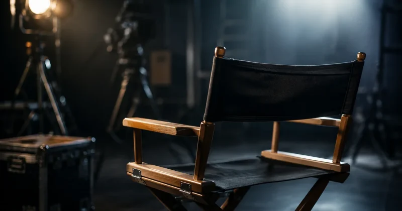 Empty director chair on a dark moody film set with dramatic side lighting
