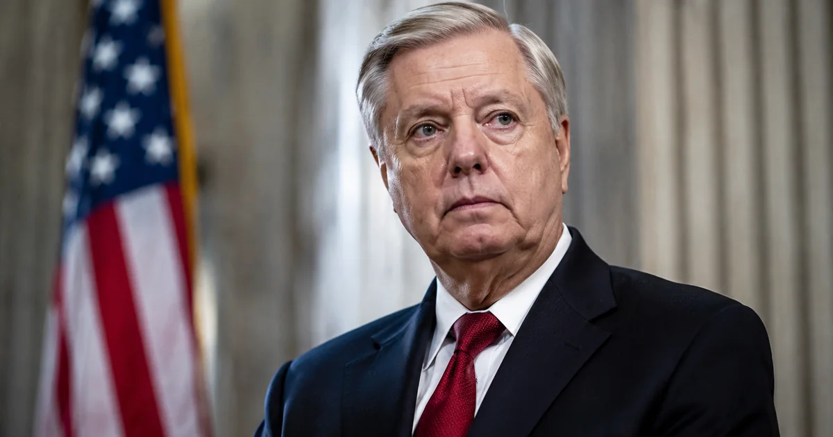 United States Senator Lindsey Graham in a dark navy suit and red tie standing before an American flag in a Capitol interior