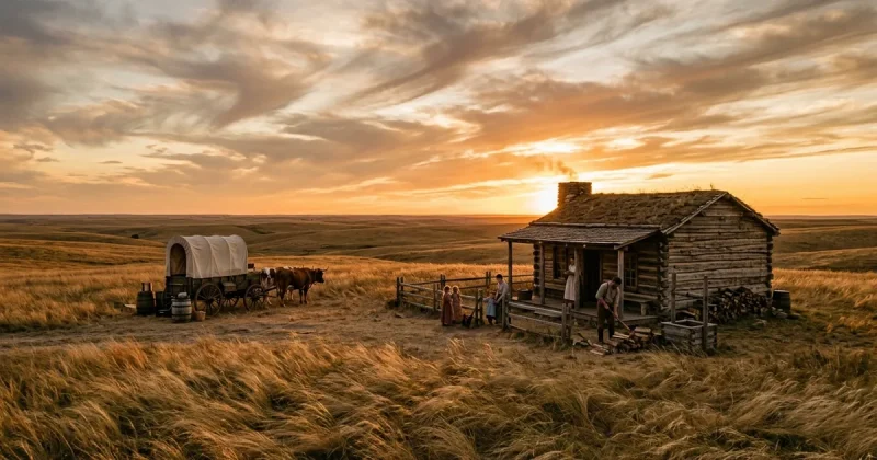 Cinematic view of a pioneer family outside their log cabin on the Kansas prairie at sunset with a covered wagon and cattle nearby
