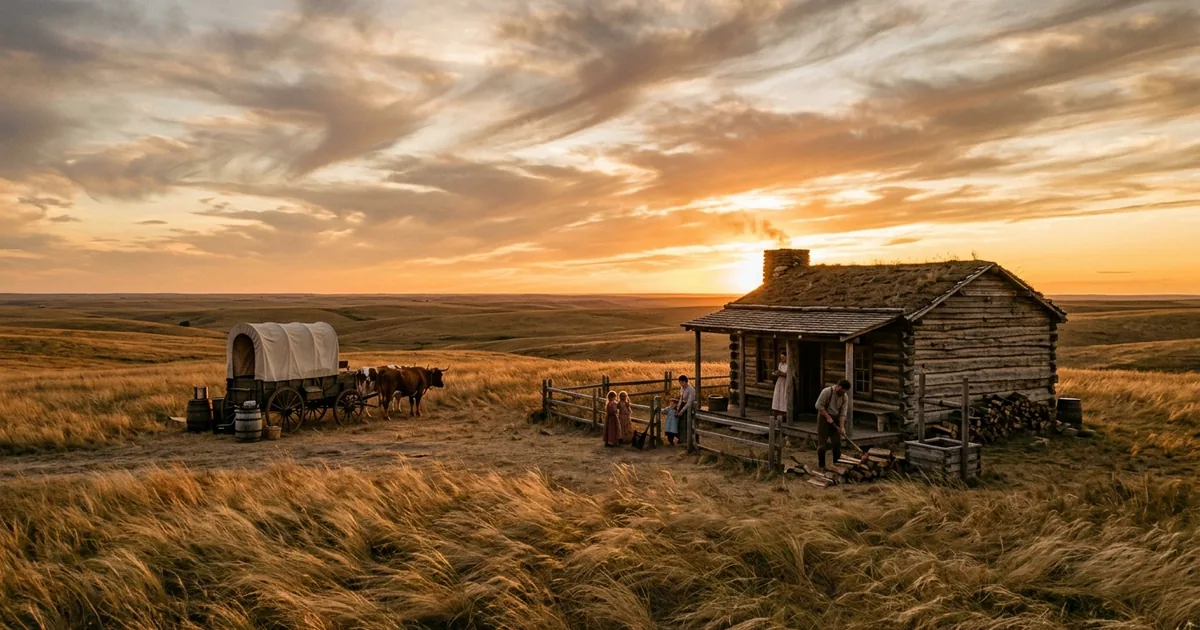 Cinematic view of a pioneer family outside their log cabin on the Kansas prairie at sunset with a covered wagon and cattle nearby