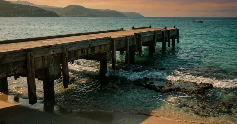 A weathered concrete and timber jetty running into clear turquoise water at a Caribbean beach with green hills in the distance and no people on the pier
