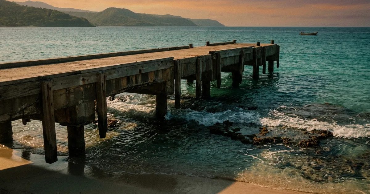 A weathered concrete and timber jetty running into clear turquoise water at a Caribbean beach with green hills in the distance and no people on the pier