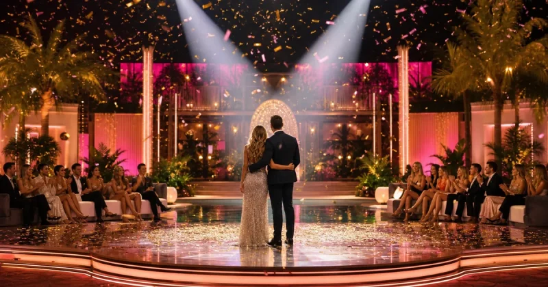 Glamorous reality TV finale set with dramatic pink and gold stage lighting and confetti
