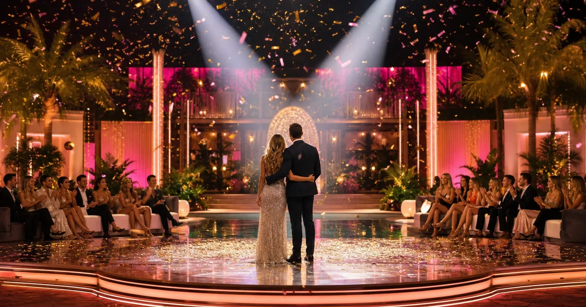 Glamorous reality TV finale set with dramatic pink and gold stage lighting and confetti