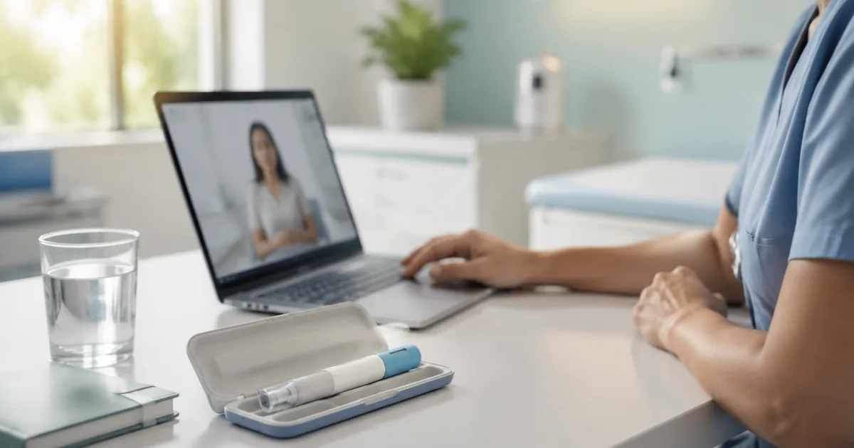 A clinician in blue scrubs on a telehealth video consultation at a clinic desk, with a GLP-1 injector pen in an open case and a glass of water in the foreground