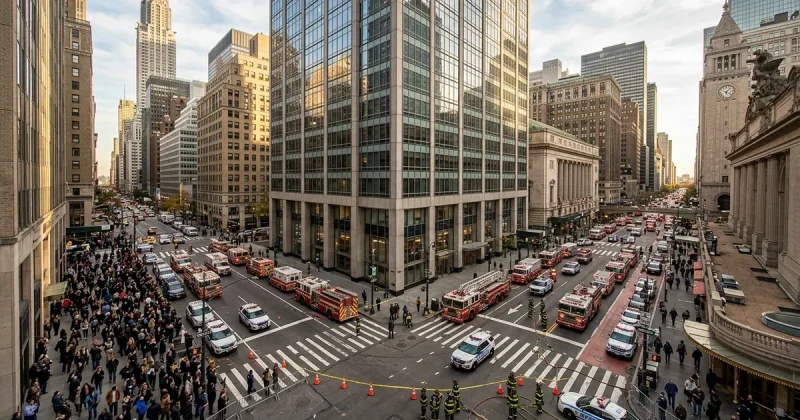 Fire trucks and emergency vehicles line the streets around a glass high-rise in Midtown Manhattan as crowds evacuate