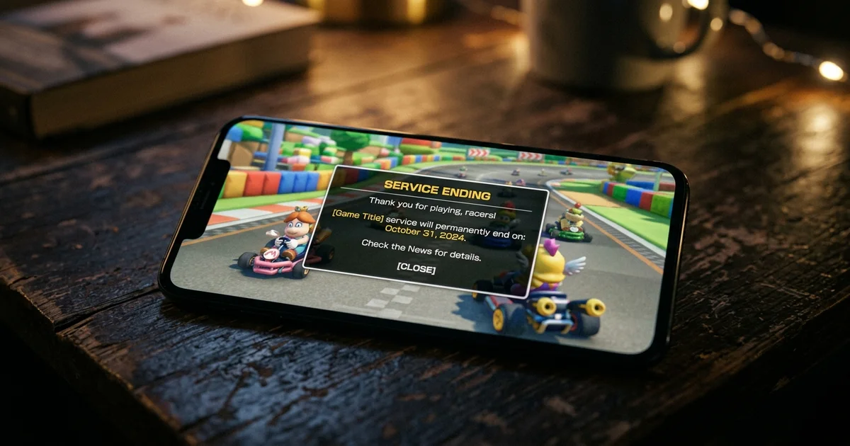 Smartphone displaying a mobile racing game with a service ending notification on screen