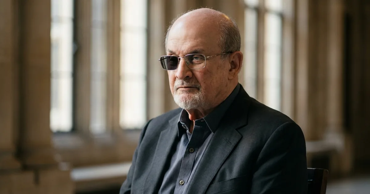 Author Salman Rushdie seated in a sunlit stone corridor, wearing tinted glasses with a darkened right lens after losing sight in that eye