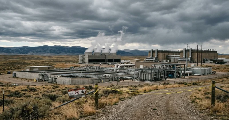Industrial water treatment facility and data center infrastructure in Wyoming prairie landscape with caution tape and overcast sky