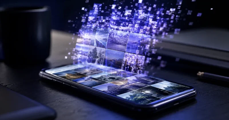 Smartphone on a dark desk showing a photo grid while a glowing ghost copy of the images hovers above the screen in blue and violet light