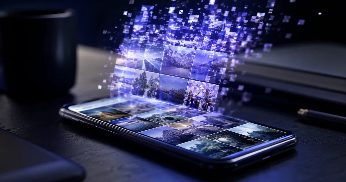Smartphone on a dark desk showing a photo grid while a glowing ghost copy of the images hovers above the screen in blue and violet light