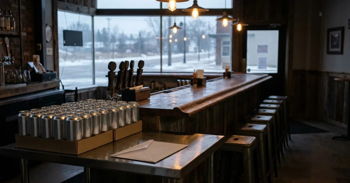 Flats of unlabeled silver beer cans on a steel table in an empty brewery taproom with dark tap handles and a sealed white envelope