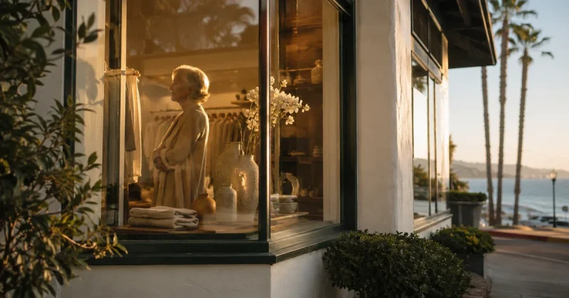 Sunlit La Jolla boutique storefront with elegant elderly woman silhouette, warm golden light