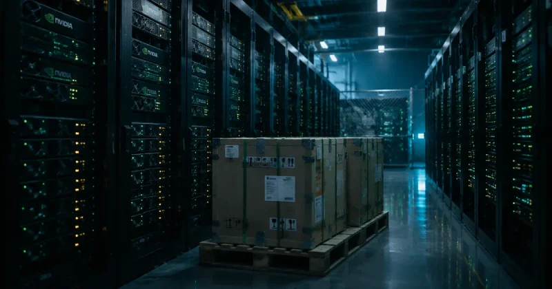 Crated server hardware on a pallet between rows of Nvidia-branded AI server racks in a dimly lit data center