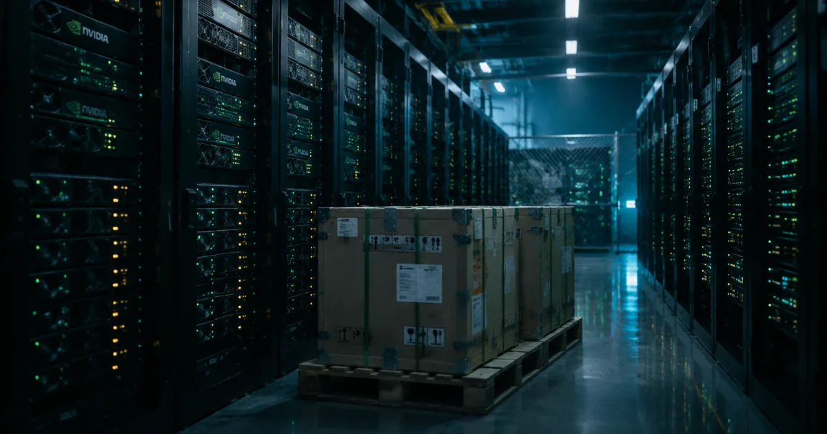 Crated server hardware on a pallet between rows of Nvidia-branded AI server racks in a dimly lit data center