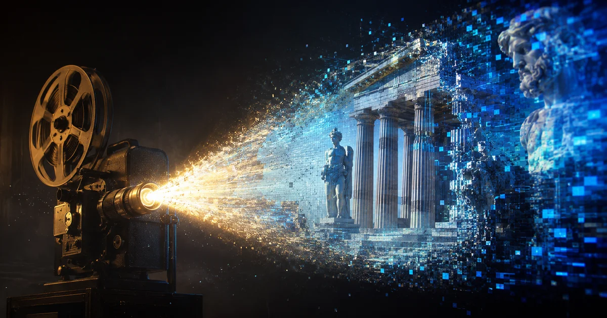 A dramatic cinematic scene of a film projector casting light that transforms from golden analog to digital AI-generated pixels with ancient Greek columns visible