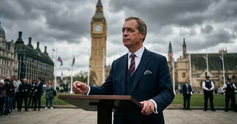 Nigel Farage standing at a lectern outside the Palace of Westminster with Big Ben visible behind him under dramatic cloudy skies