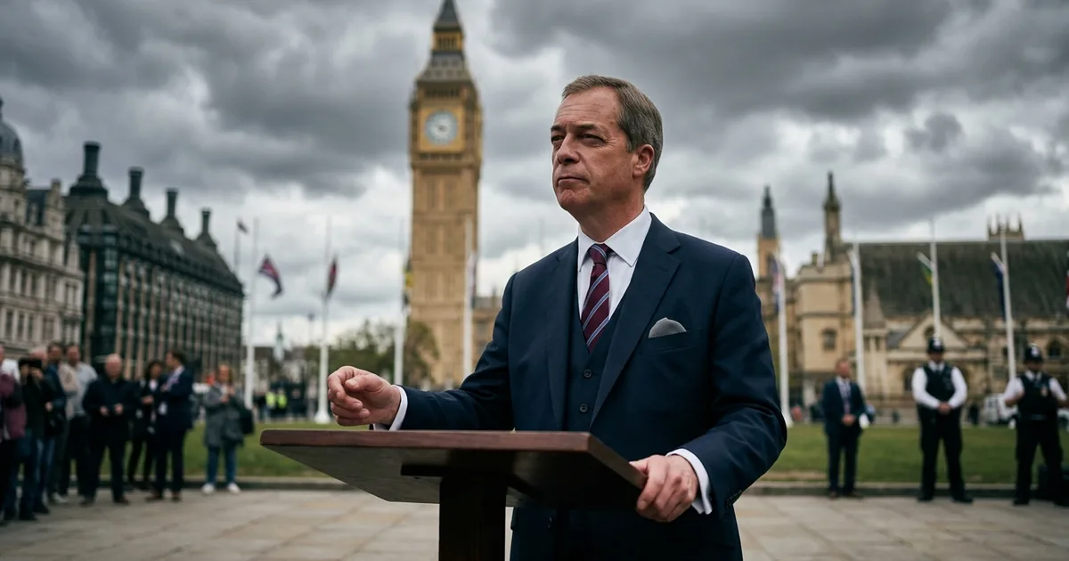 Nigel Farage standing at a lectern outside the Palace of Westminster with Big Ben visible behind him under dramatic cloudy skies