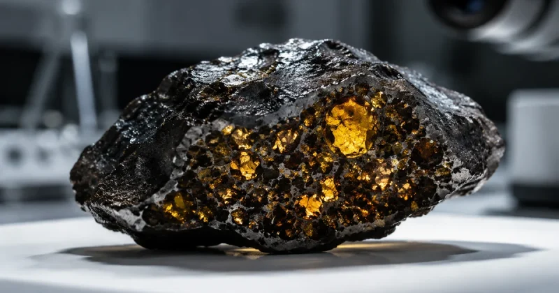 Dark meteorite fragment with amber crystalline inclusions on a laboratory surface