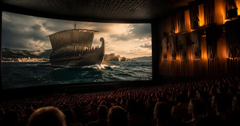 Packed movie theater audience watching an IMAX screen showing an ancient Greek ship on stormy seas