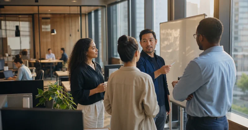 Colleagues standing around a whiteboard in a bright modern open-plan office