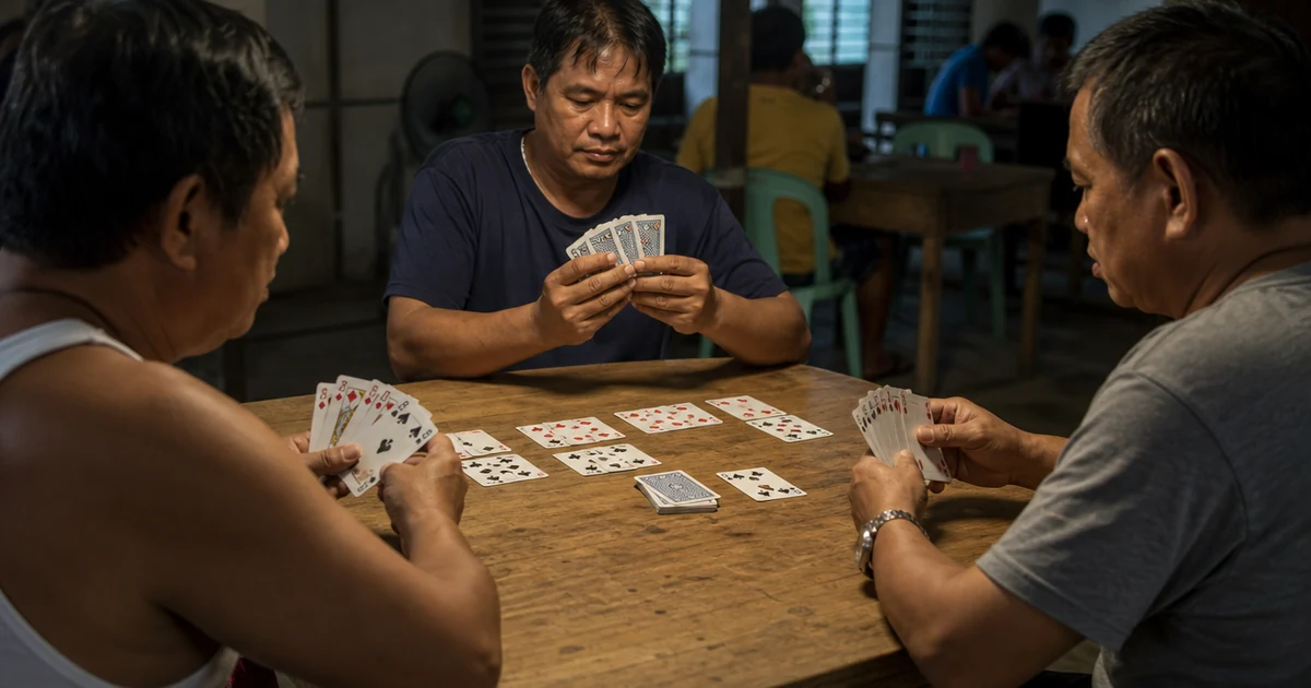 Three players compete in a Tongits card game around a wooden table