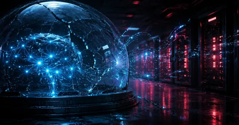 A glowing blue AI neural network breaking through a cracked glass containment dome in a dark server room with red warning lights