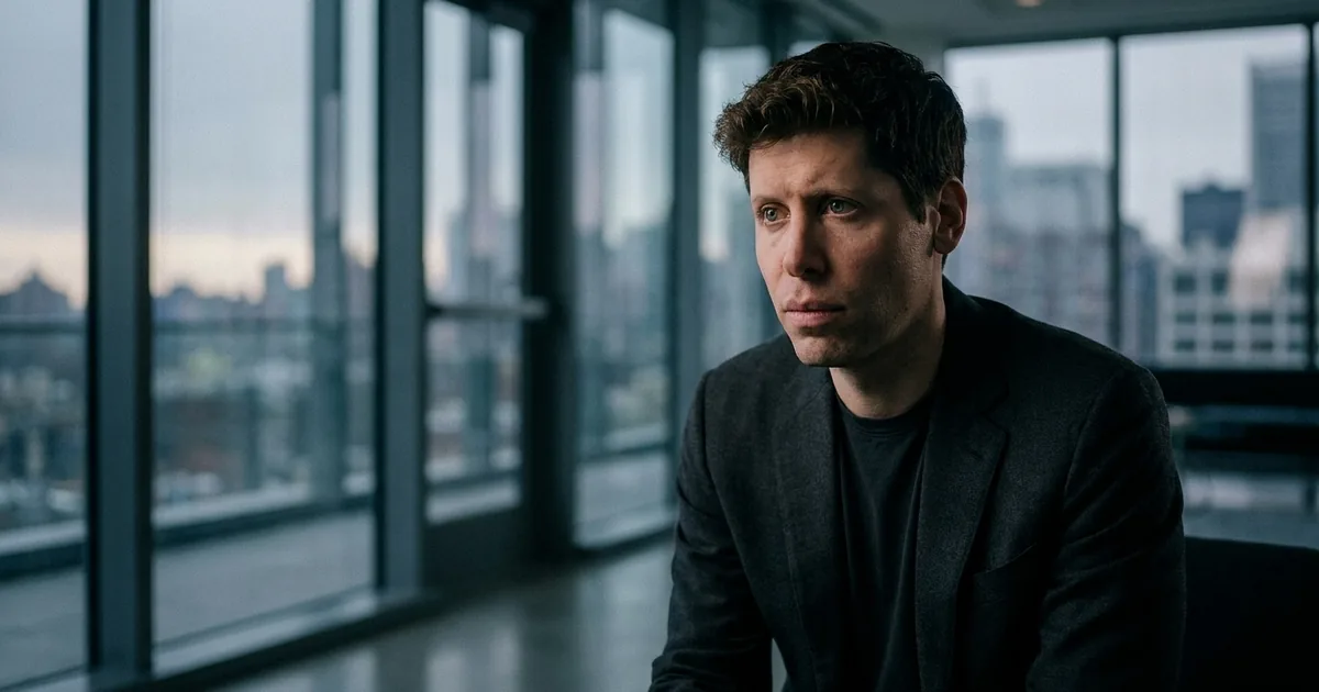 Sam Altman seated in a glass-walled high-rise office at dusk, looking away from camera with a tense expression, city skyline blurred behind him