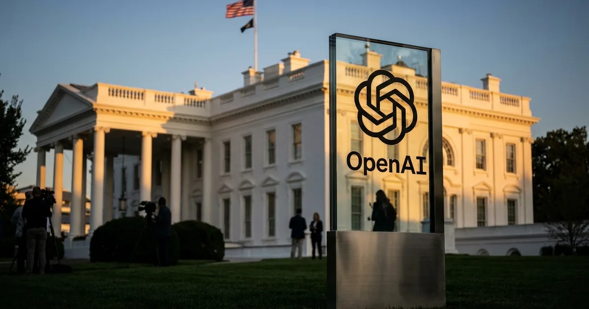 A glass and metal sign bearing the OpenAI logo standing on the White House lawn at dusk, with press photographers nearby