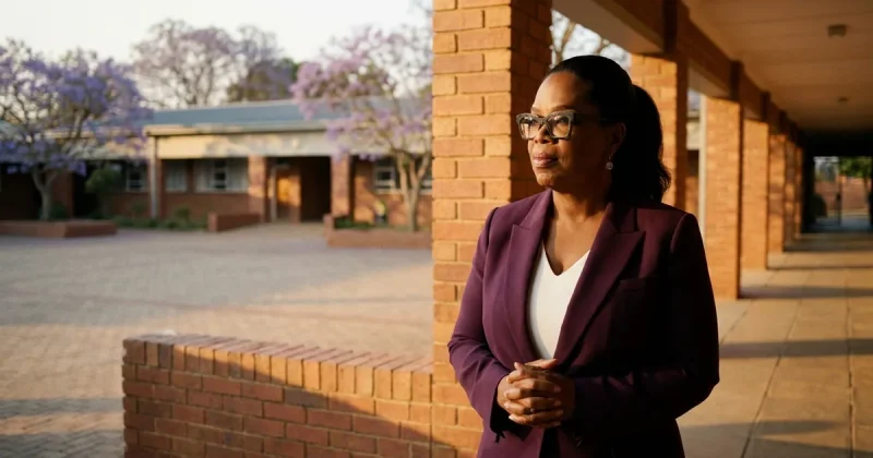 A woman in a plum blazer stands on a covered brick walkway of a school campus in golden late-afternoon light, jacaranda trees behind her