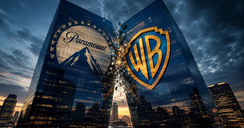 The Paramount mountain logo and Warner Bros shield displayed on two glass skyscrapers converging at dusk