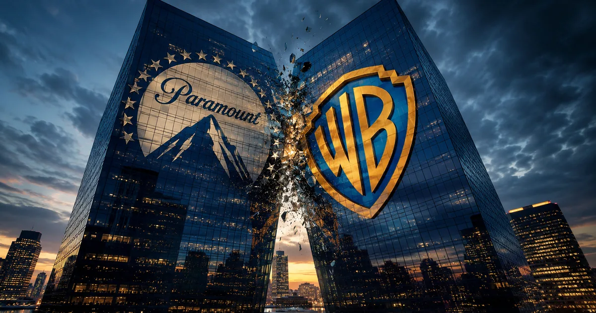 The Paramount mountain logo and Warner Bros shield displayed on two glass skyscrapers converging at dusk