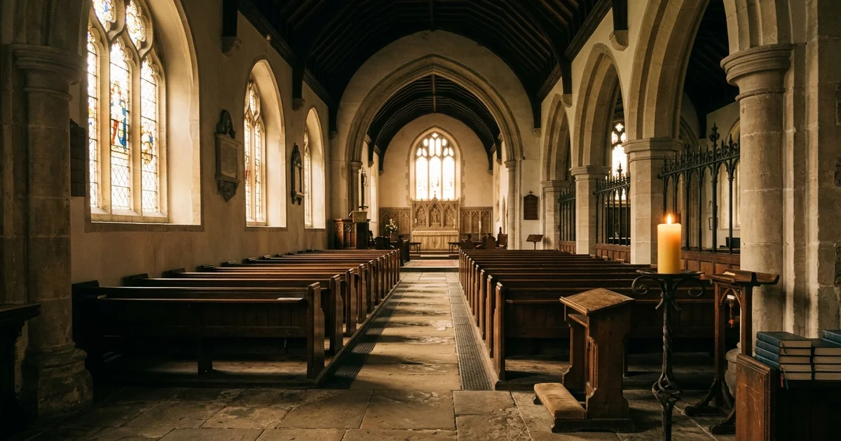 Sunlit church interior with wooden pews and a single candle burning in the foreground