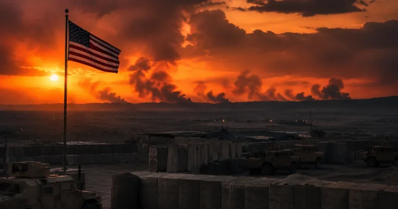 Smoke rises from a U.S. military base in the Middle East at dusk with the American flag silhouetted against an orange sky