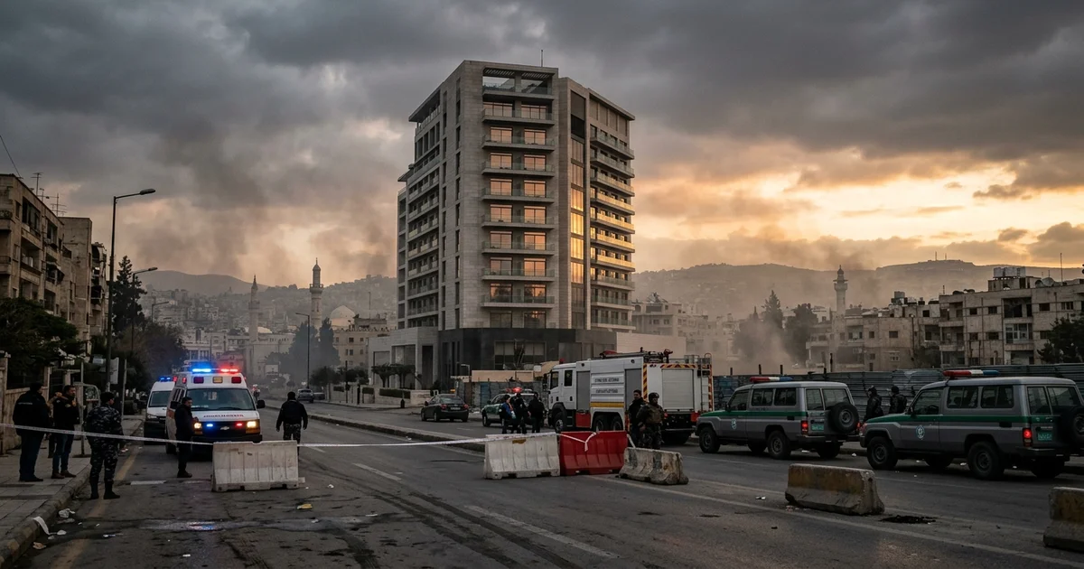 Emergency vehicles and security cordons near a hotel in Damascus with smoke and dramatic clouds at dawn