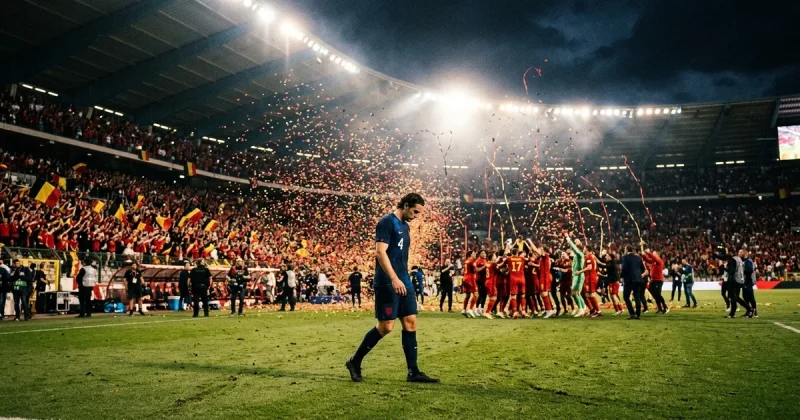 A dejected U.S. soccer player walks off the field while Belgium celebrates with confetti in the background