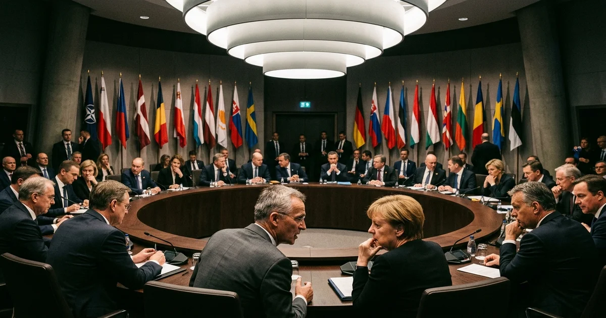 World leaders seated around a circular table at the NATO summit with member nation flags in the background