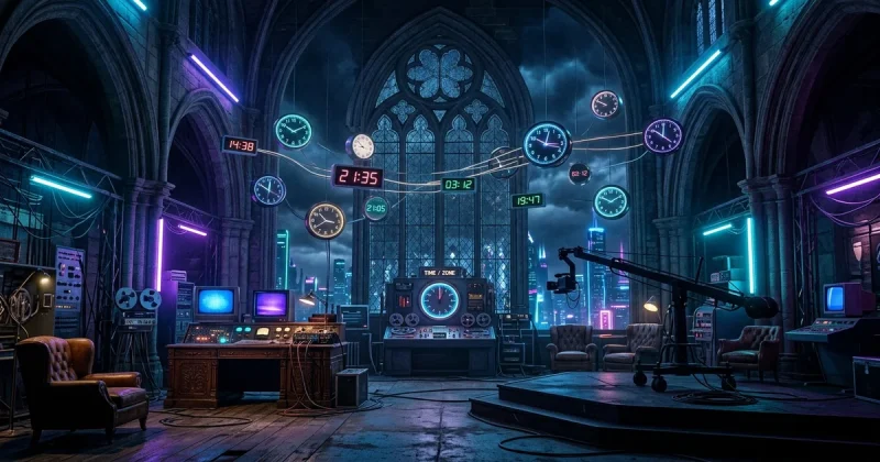 A futuristic-retro television studio set with neon lighting, floating clocks, and gothic windows evoking the Big Brother Time Trip theme