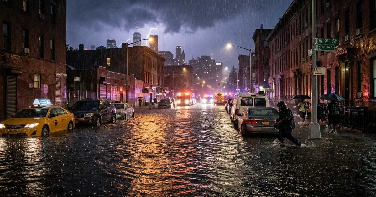 A flooded Brooklyn street at night with cars partially submerged in floodwater during heavy rain and emergency lights in the distance