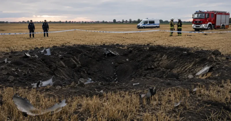 A wide dark impact crater in a harvested wheat field ringed by scattered metal fragments, with blue and white police tape, two officers, a police van and firefighters beside a fire truck in the background.