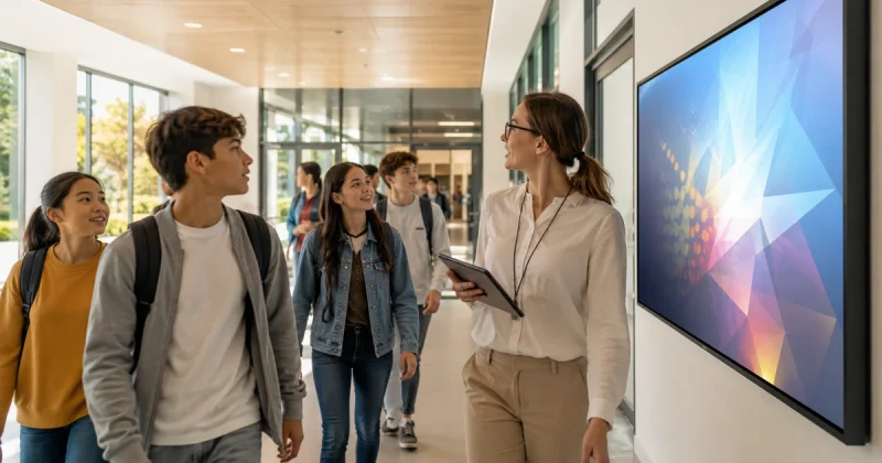 Teacher leading students past a school digital signage screen before a school excursion