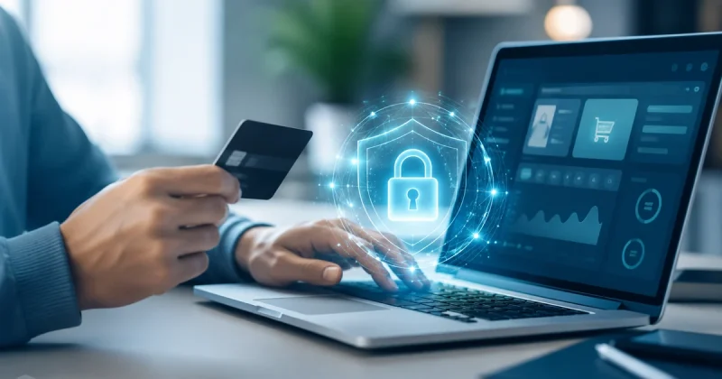 Customer completing a secure online payment protected by a digital padlock and shield