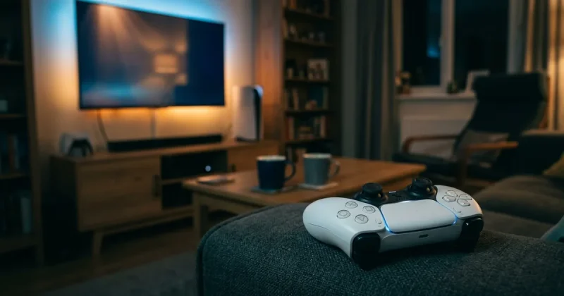 White PlayStation 5 DualSense controller resting on a couch with a glowing television and PS5 console blurred in the background