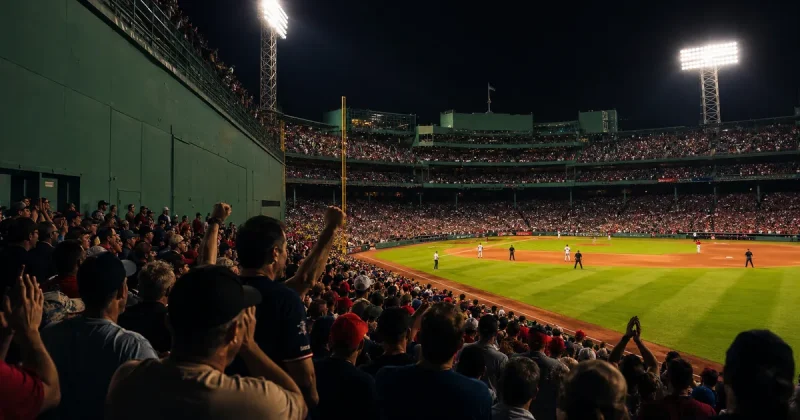 Fenway Park under stadium lights at night with a packed crowd and the green left-field wall glowing