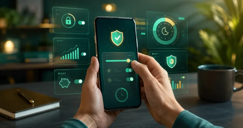 A person's hands hold a smartphone showing responsible-gambling controls: a deposit-limit slider, a shield checkmark, toggle switches and a session-timer gauge, with floating holographic panels for spending limits and self-exclusion